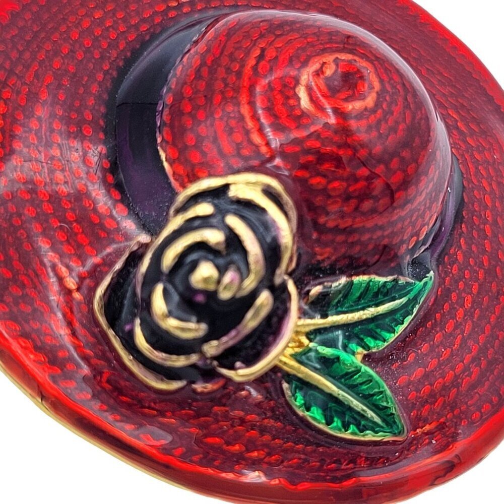 Vintage Red Enamel Hat Brooch Pin With Black Band & Rose Design Cast Metal 1.75" - Picture 2 of 4